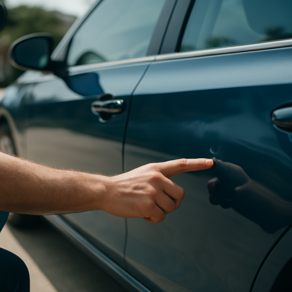 Technician pointing at a small dent on a blue sedan door - paintless dent repair cost in Sacramento