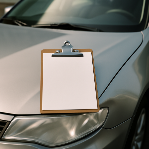 Blank insurance clipboard on a car hood with a dent - will insurance cover paintless dent repair