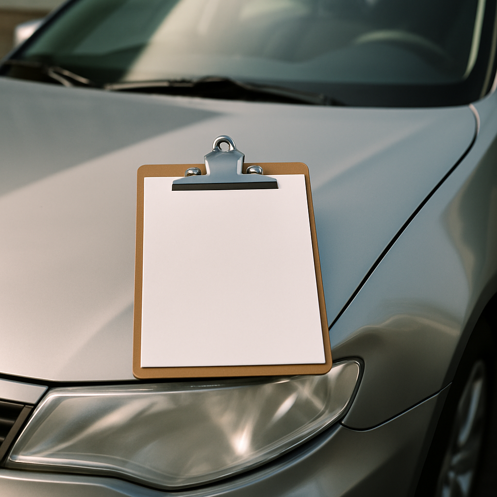 Blank insurance clipboard on a car hood with a dent - will insurance cover paintless dent repair