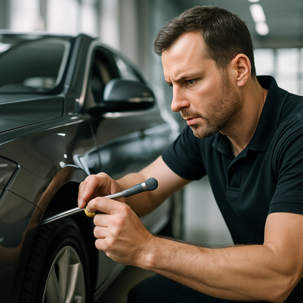 PDR technician working on a car fender - how long does paintless dent repair take