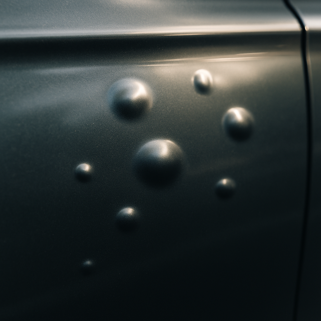 What Dents Can PDR Fix? (And Which Ones It Cannot) Car door panel with several small dents - what dents can PDR fix