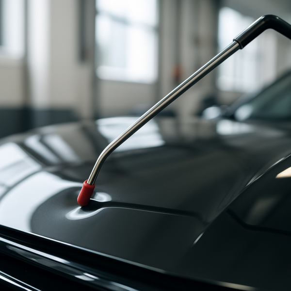 PDR rod tool pushing out a dent on a glossy panel - DIY versus professional paintless dent repair