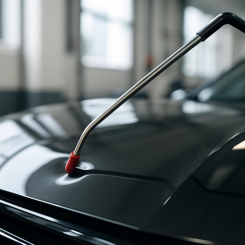 PDR rod tool pushing out a dent on a glossy panel - DIY versus professional paintless dent repair