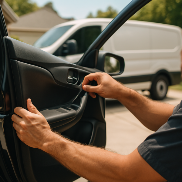 Mobile dent repair technician working in a driveway with a service van - how mobile dent repair works
