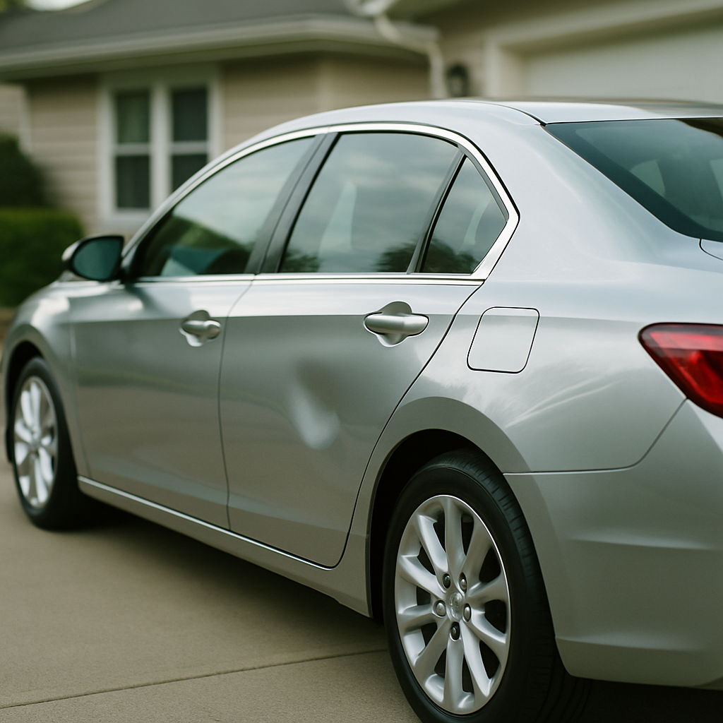 Paintless Dent Repair Cost in Sacramento — Honest 2026 Pricing Guide Silver sedan with a small door dent in a Sacramento driveway - paintless dent repair cost example