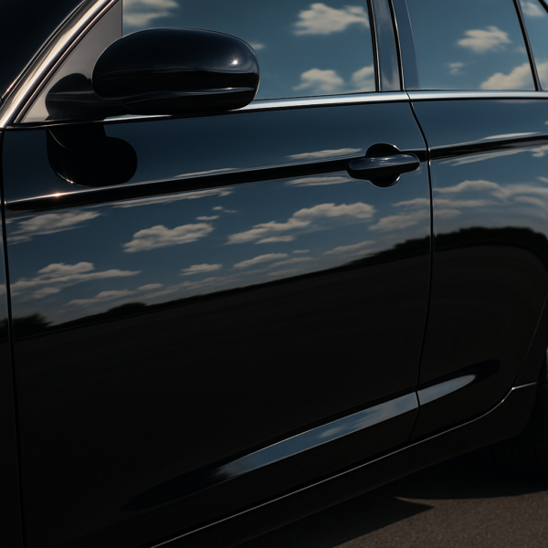 Flawless glossy car panel reflecting the sky after paintless dent repair in Sacramento