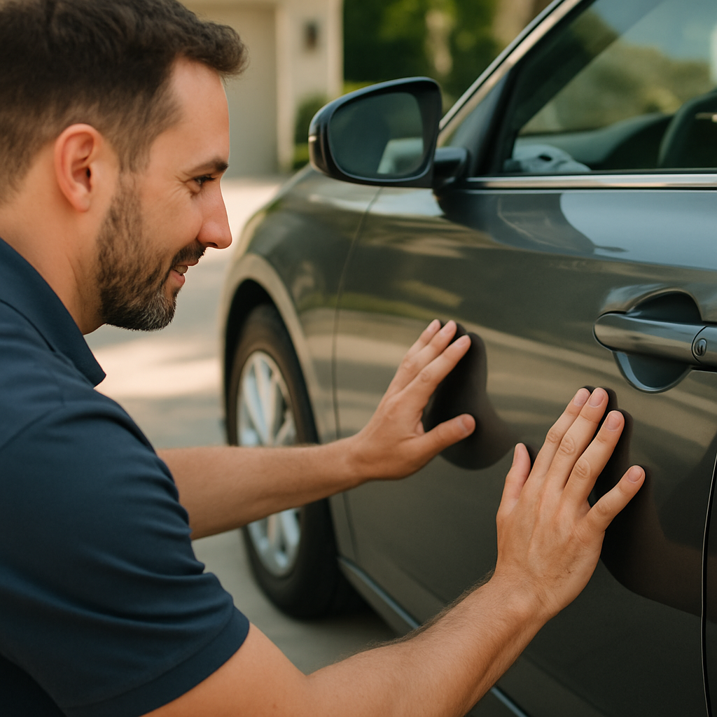 Best Dent Repair Near Me in Sacramento — How to Pick the Right PDR Tech Auto technician inspecting a car panel in a Sacramento driveway - best dent repair near me