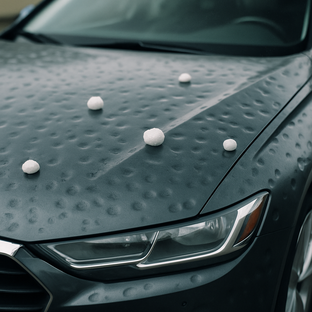 Car hood covered in hail dents with hailstones - Sacramento hail damage insurance claim