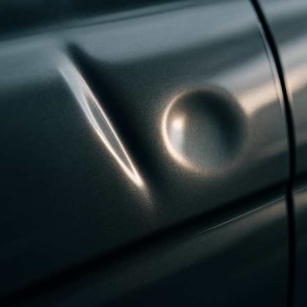 Close-up of a crease dent and a door ding on a car panel - types of car dents