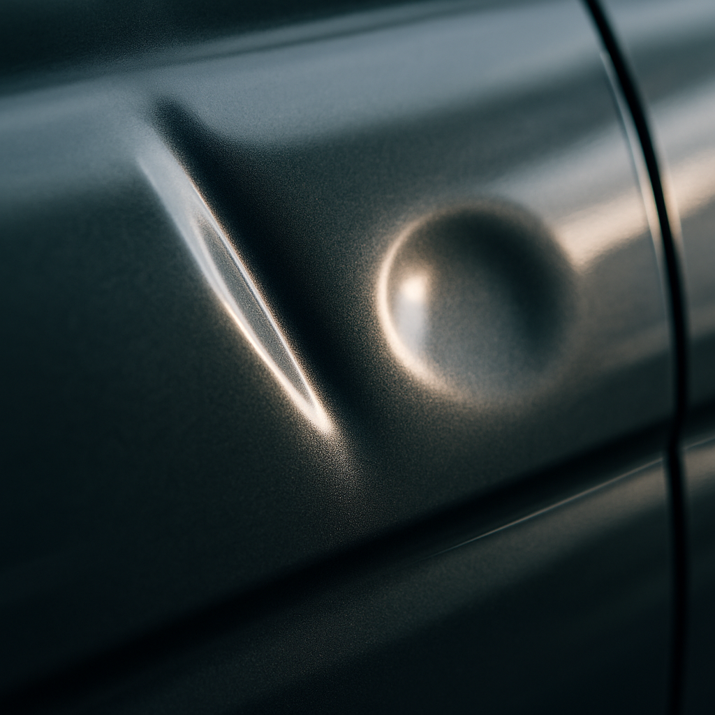Types of Car Dents — A Complete Visual Guide to Every Common Dent Close-up of a crease dent and a door ding on a car panel - types of car dents