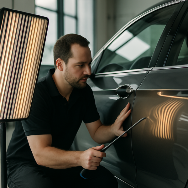 PDR technician using a rod and reflection board on a car door - how paintless dent repair works