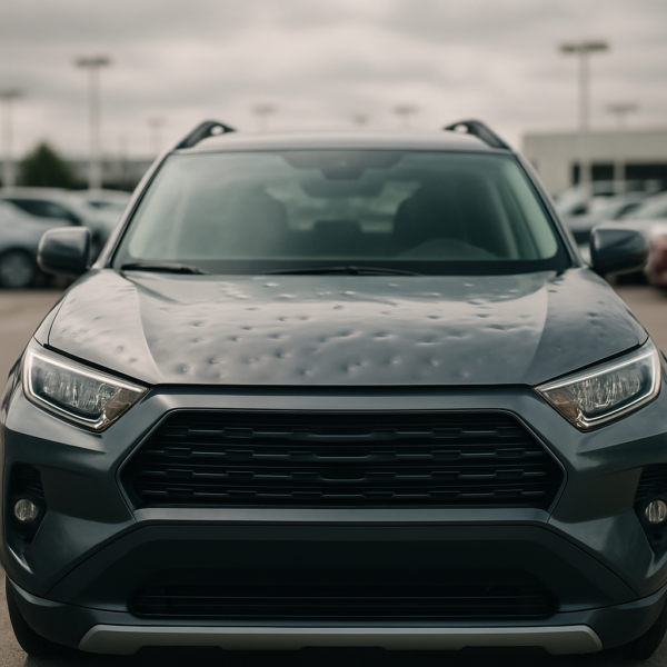 SUV with hail dimples on the hood at a dealership lot - how hail damage affects car value