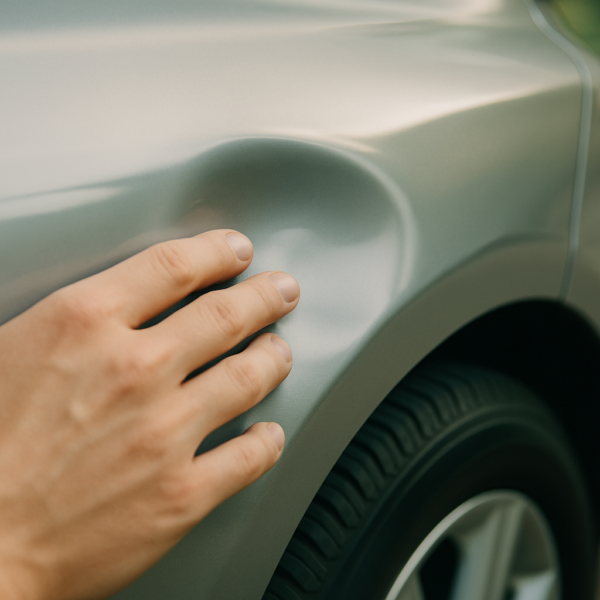 Hand evaluating a round dent on a car fender - can paintless dent repair fix my dent