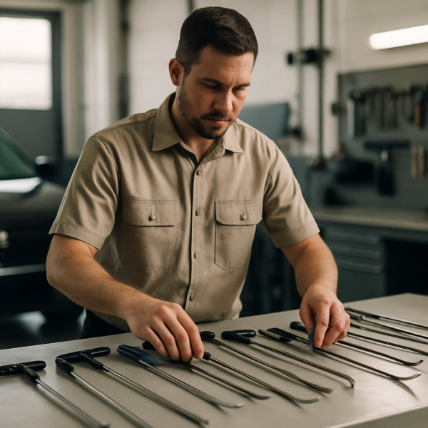 Dent repair technician organizing PDR tools on a workbench - how to pick a PDR shop in Sacramento
