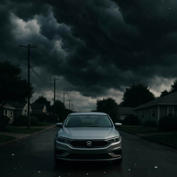 Storm clouds over a suburban street with hail falling - Sacramento hail storms guide