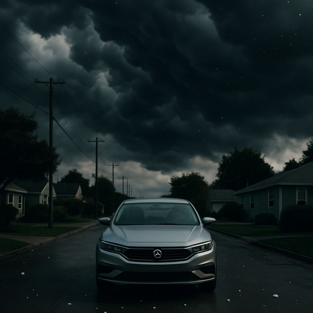 Storm clouds over a suburban street with hail falling - Sacramento hail storms guide