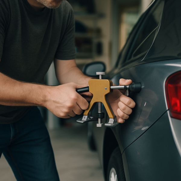 Person using a glue puller on a car dent in a garage - DIY dent removal