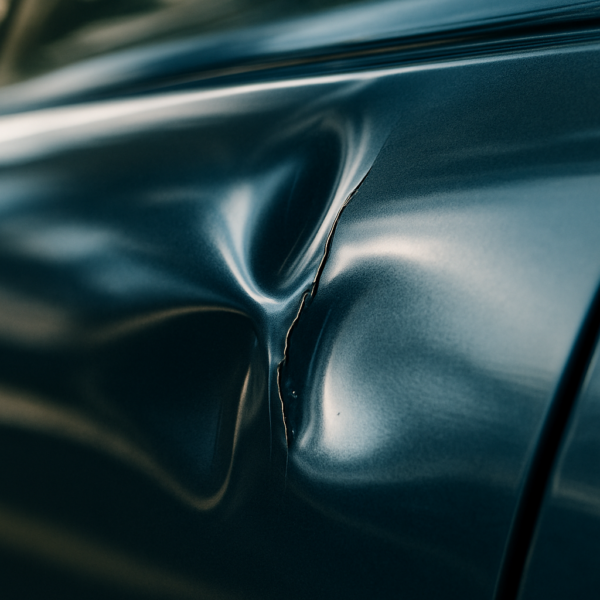 Deep creased dent with cracked paint on a car panel - when paintless dent repair cannot fix a dent