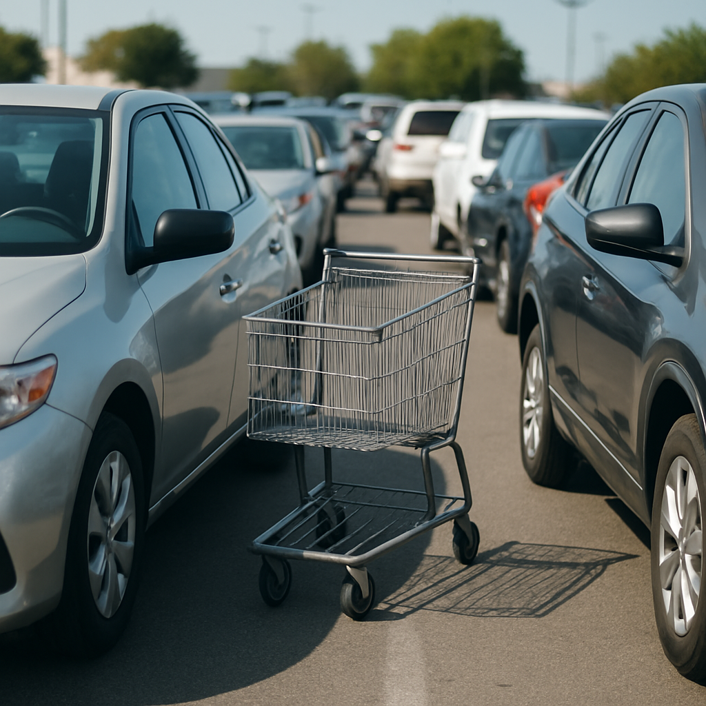 How to Prevent Parking-Lot Door Dings (9 Tactics That Actually Help) Cars parked close together with a shopping cart in a parking lot - prevent parking-lot door dings