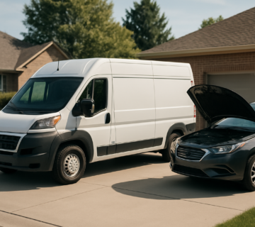 White mobile service van in a Sacramento driveway next to a car - mobile dent repair coverage