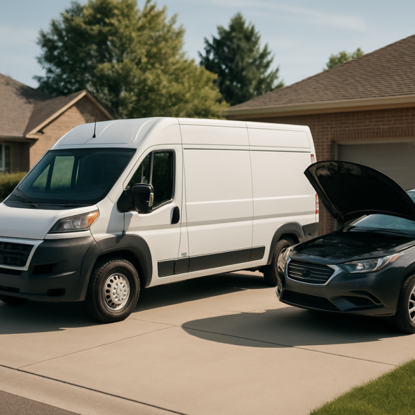 White mobile service van in a Sacramento driveway next to a car - mobile dent repair coverage