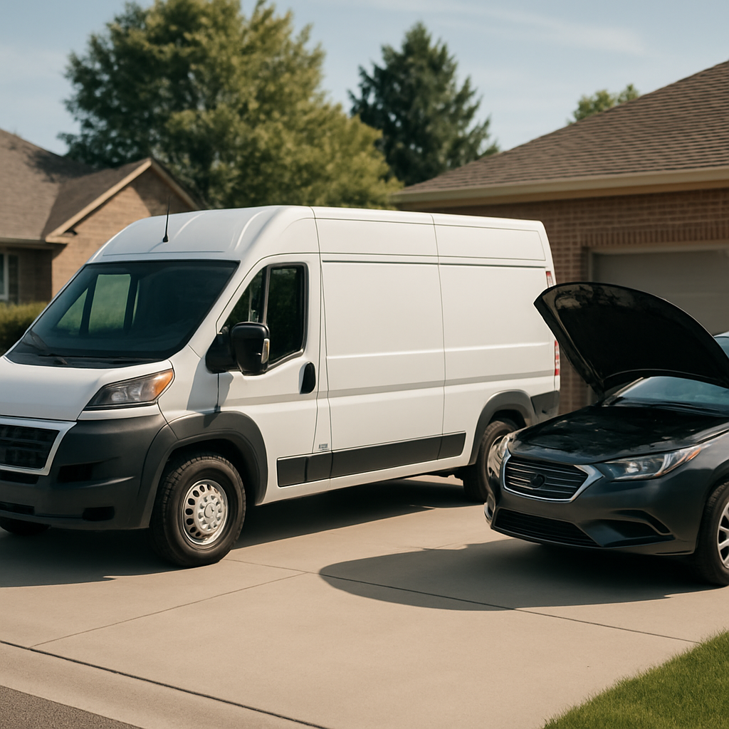 Mobile Dent Repair Across the Sacramento Metro — Coverage, Timing & How It Works White mobile service van in a Sacramento driveway next to a car - mobile dent repair coverage