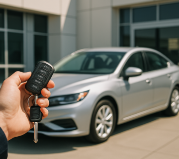 Hand holding car keys in front of a car at a dealership lease return - lease return dent repair Sacramento