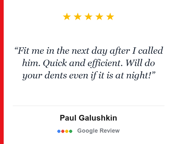 Five-star Google review for Glass Reflection Dent Repair