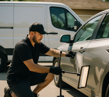 Mobile dent repair technician working on a car beside a service van - same-day mobile dent repair Sacramento