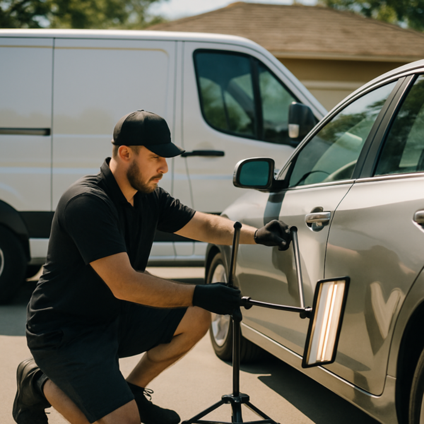 Mobile dent repair technician working on a car beside a service van - same-day mobile dent repair Sacramento