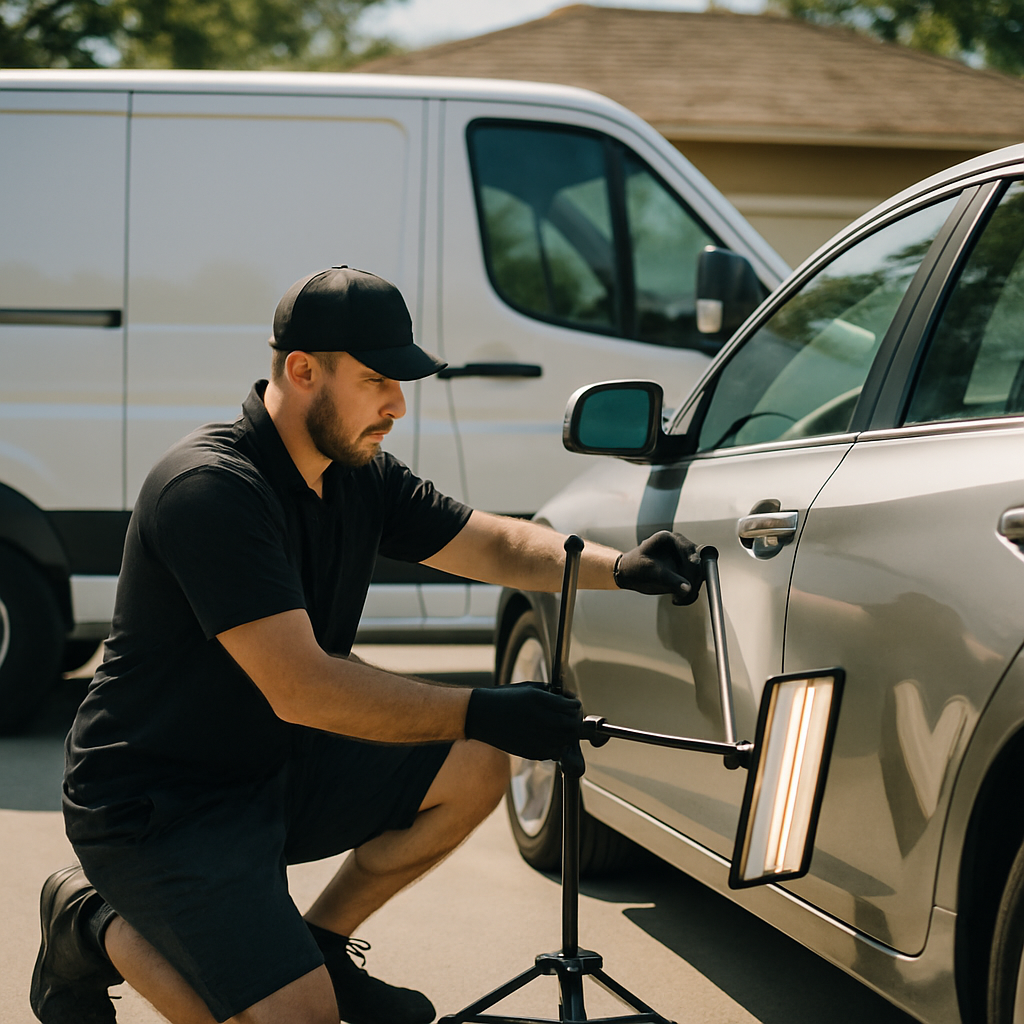 Same-Day Mobile Dent Repair in Sacramento — How It Works Mobile dent repair technician working on a car beside a service van - same-day mobile dent repair Sacramento