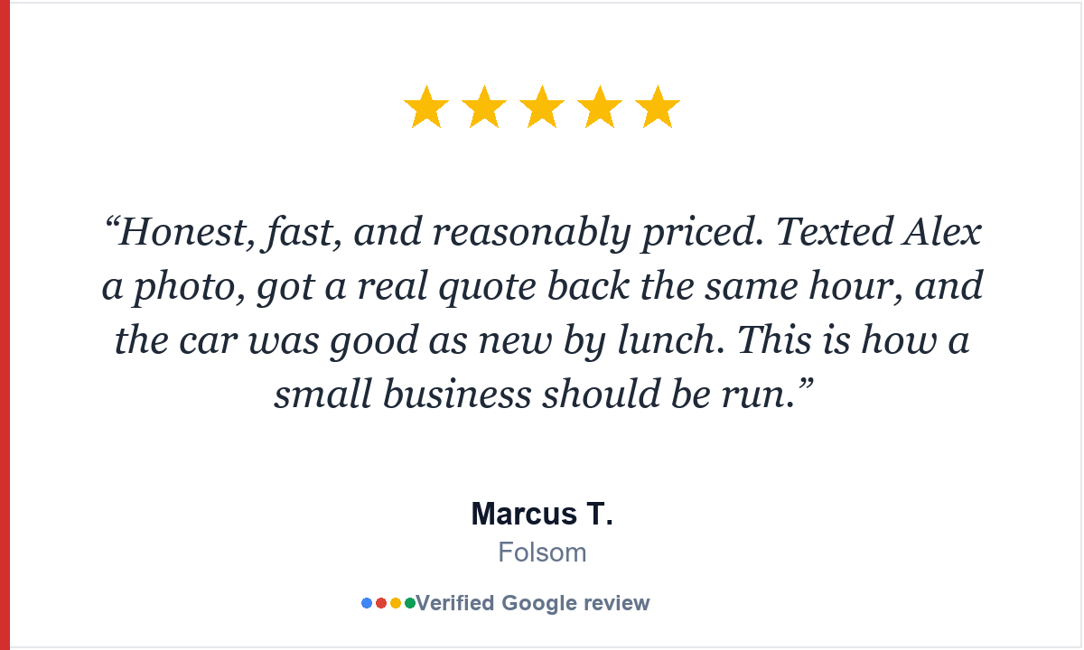 Sacramento Dent Repair Five-star Google review from Marcus T., Folsom
