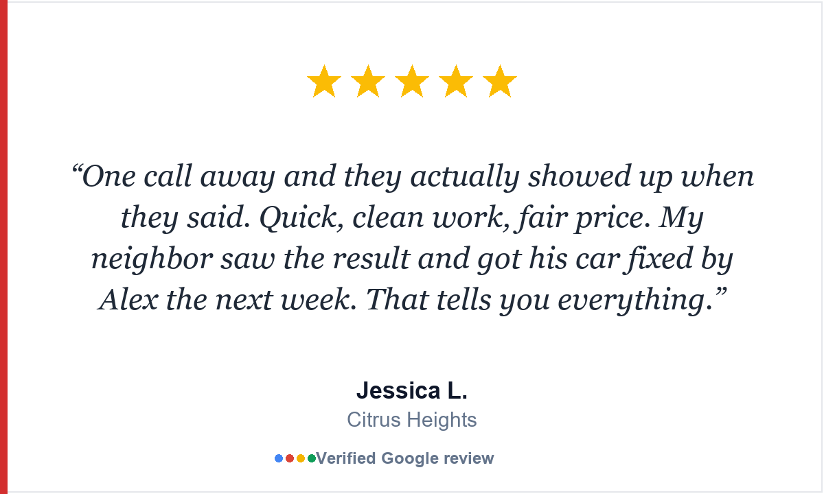 Sacramento Dent Repair Five-star Google review from Jessica L., Citrus Heights